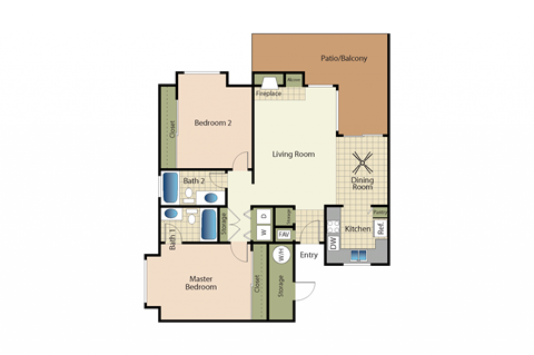 Two bedrooms two bathrooms apartment floorplan